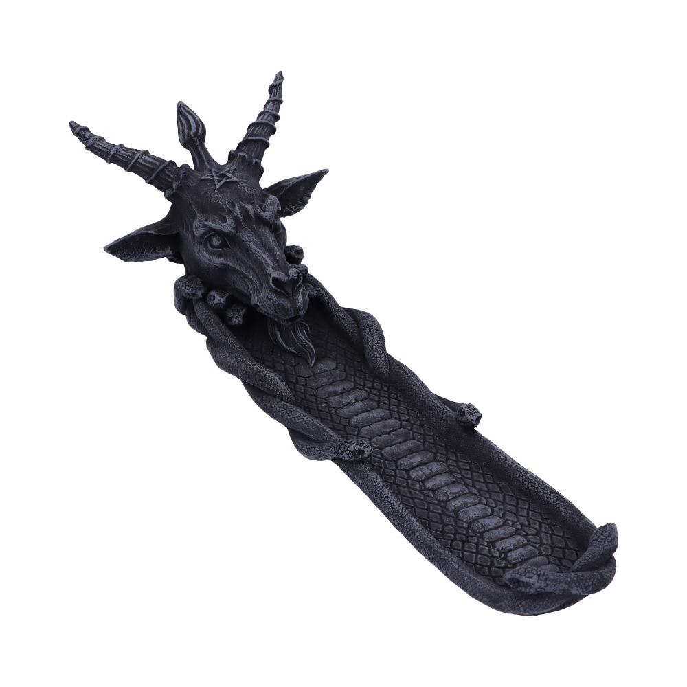 Baphomet's Scent Incense Holder 29.2cm featuring a matte black triple-horned Baphomet head with an incense stick holder and premium hand-painted resin finish.