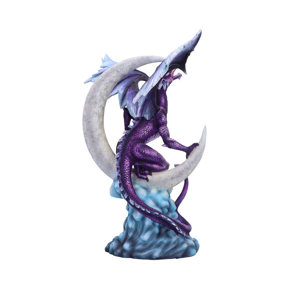 Rear view of the Tarek Dragon Moon Figurine showing the detailed crescent moon, sculpted dragon wings, textured scales, and premium hand-painted resin craftsmanship.