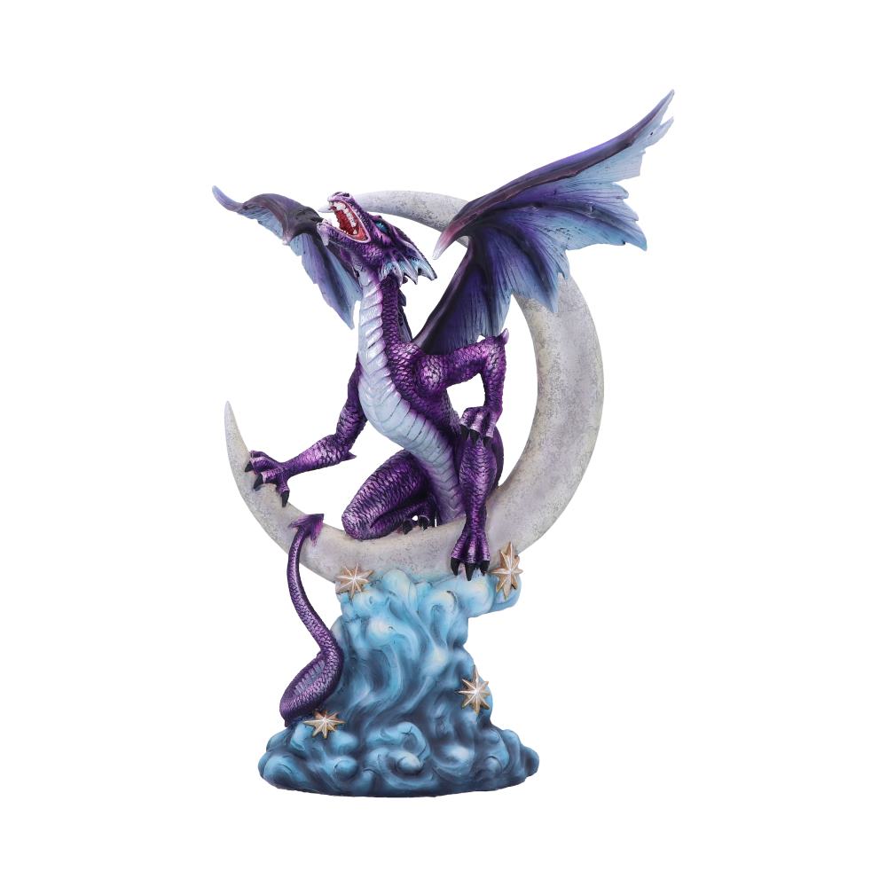 Tarek Dragon Moon Figurine 32cm featuring a majestic purple dragon perched atop a crescent moon with intricate hand-painted resin detailing.