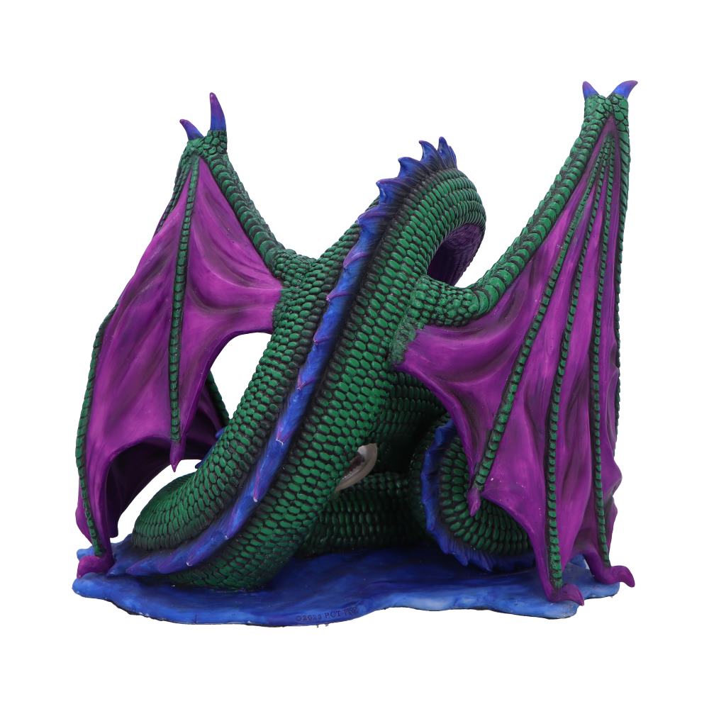 Rear view of the Nephtali Elemental Dragon of Water by Derek W Frost showing the detailed purple wings, shimmering green scales, translucent gemstone, and premium hand-painted resin craftsmanship.