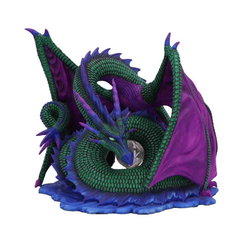 Nephtali Elemental Dragon of Water by Derek W Frost 27cm featuring a green dragon with purple wings protectively curled around a translucent gemstone in a premium hand-painted resin finish.