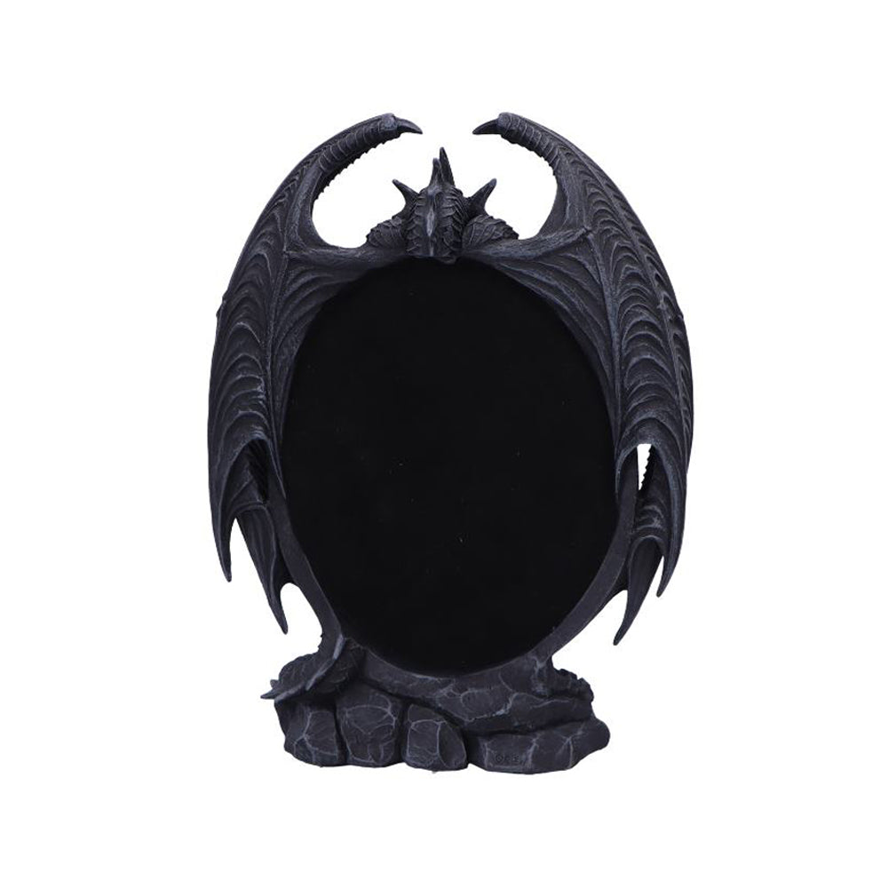 Rear view of the Scaled Reflection Dragon Mirror showing the detailed dragon wings, sculpted scales, rock base, mirror frame, and premium hand-painted resin craftsmanship.