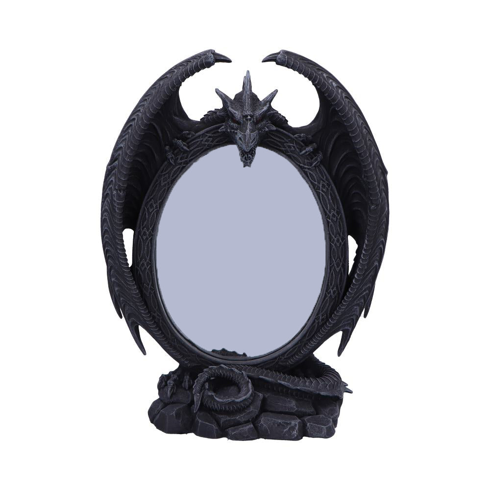 Scaled Reflection Dragon Mirror 29cm featuring a majestic black dragon with red eyes wrapped around a decorative mirror on a rock-textured base with a premium hand-painted resin finish.