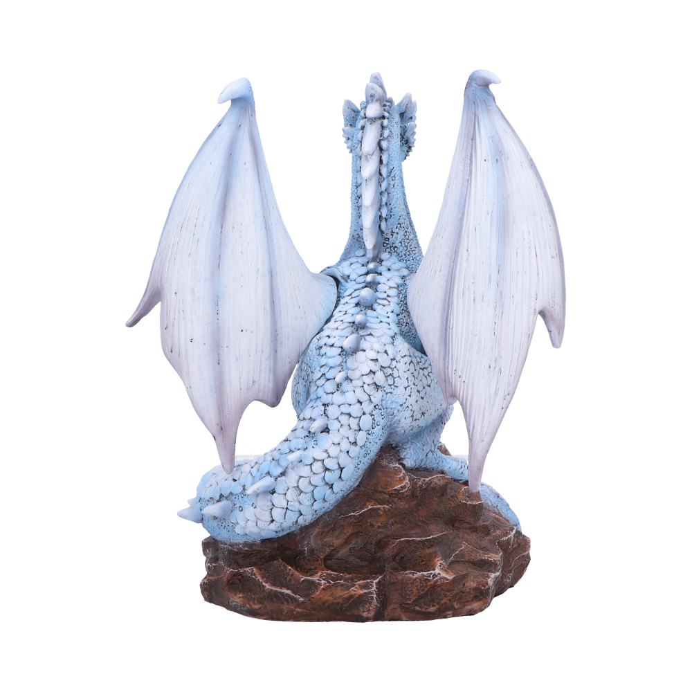 Rear view of Safira the Protector showing the sculpted wings, frosted scales, glowing LED egg, and detailed hand-painted resin finish.