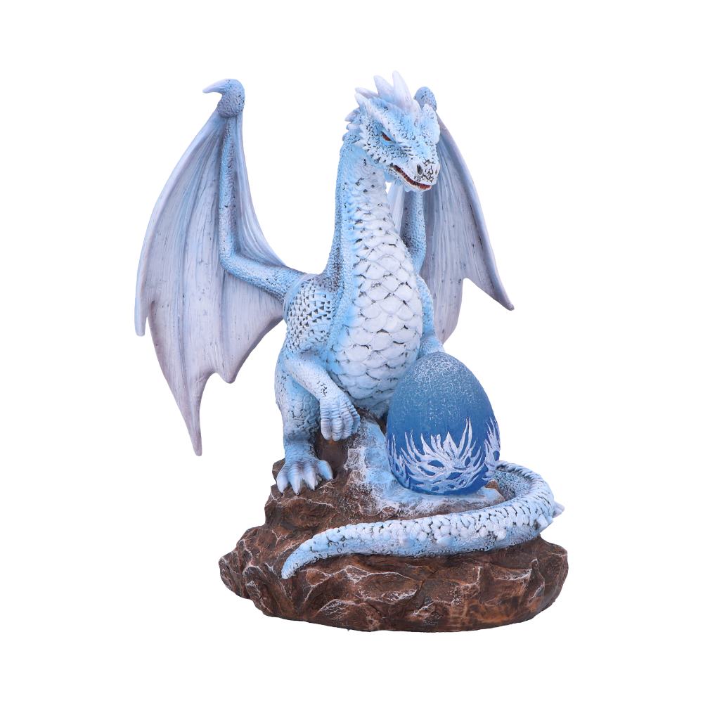 Safira the Protector LED Dragon Figurine 17.5cm featuring a hand-painted ice dragon guarding a glowing illuminated egg with frosted detailing.