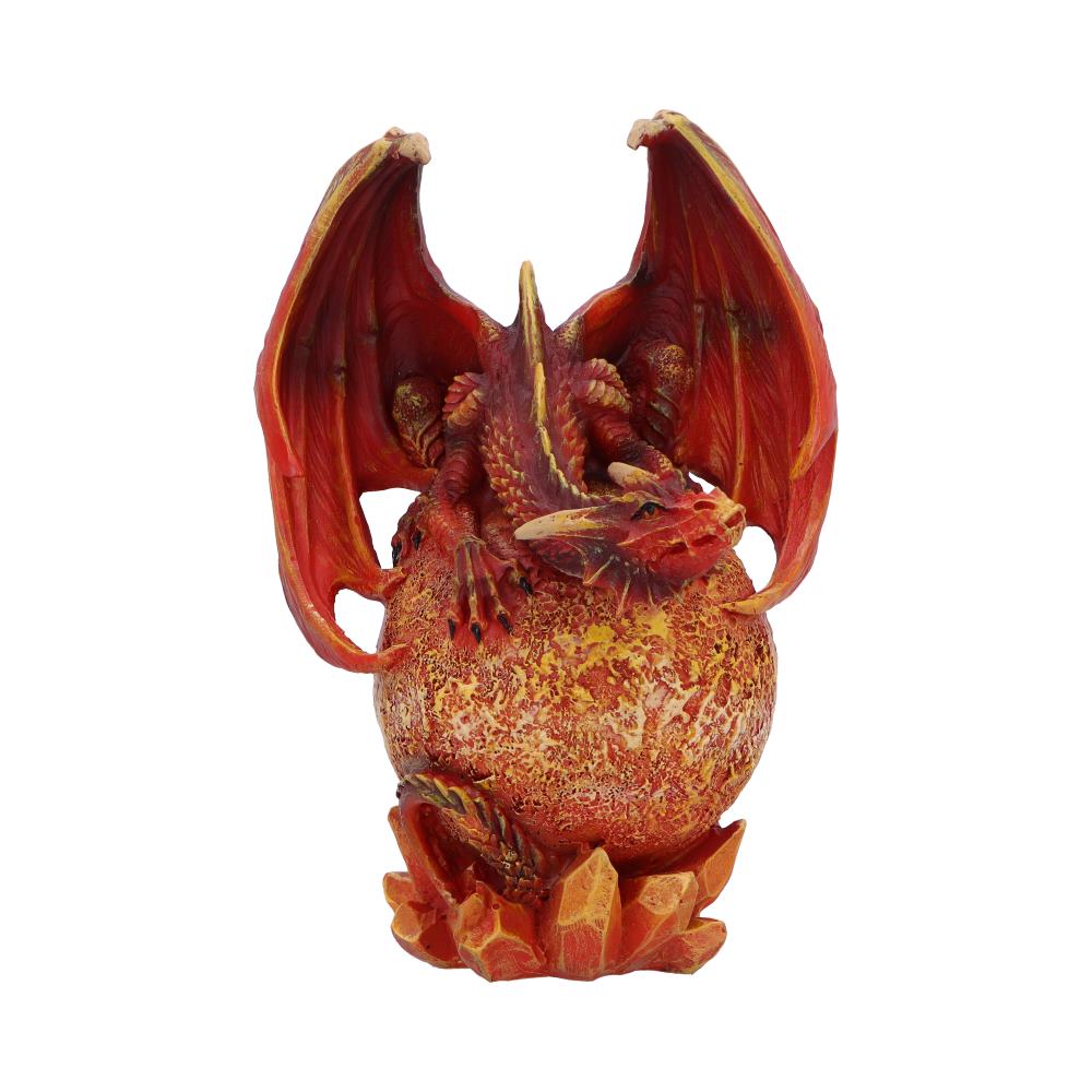 The Venusian Dragon Figurine 14.8cm featuring a fiery red dragon perched on a detailed model of the planet Venus with molten lava textures.