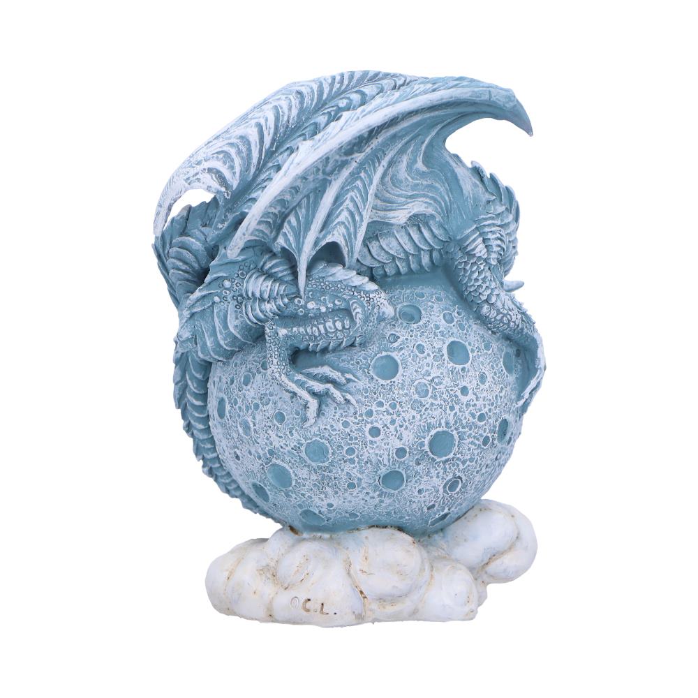 Rear view of The Lunarian Dragon Figurine showing the sculpted dragon wings, crescent moon, cloud base, and hand-painted resin finish.