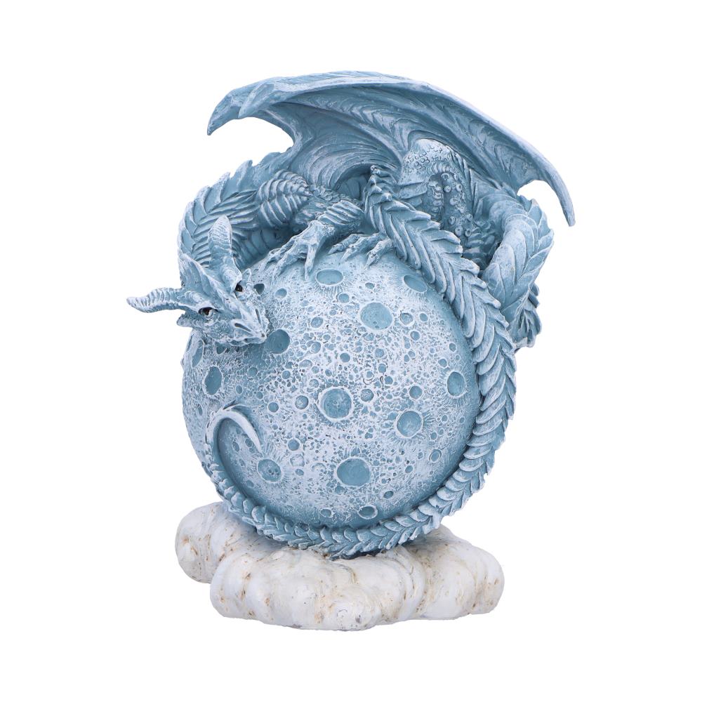 The Lunarian Dragon Figurine 12cm featuring a white dragon with blue accents wrapped around a crescent moon on a cloud-inspired base.