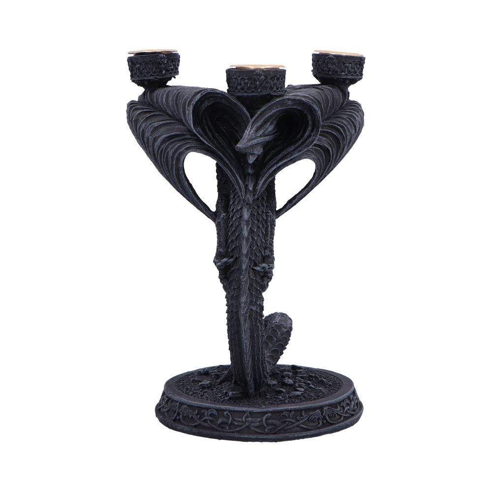 Rear view of the Flame Keeper Dragon Candle Holder showing the detailed wings, sculpted scales, tail, and three candle holders.