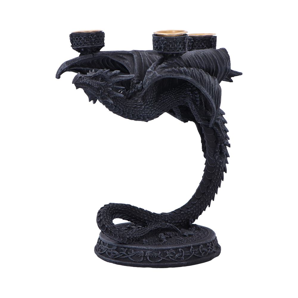 Flame Keeper Dragon Candle Holder 18.5cm featuring a flying matte black dragon with space for three standard candles along its back.
