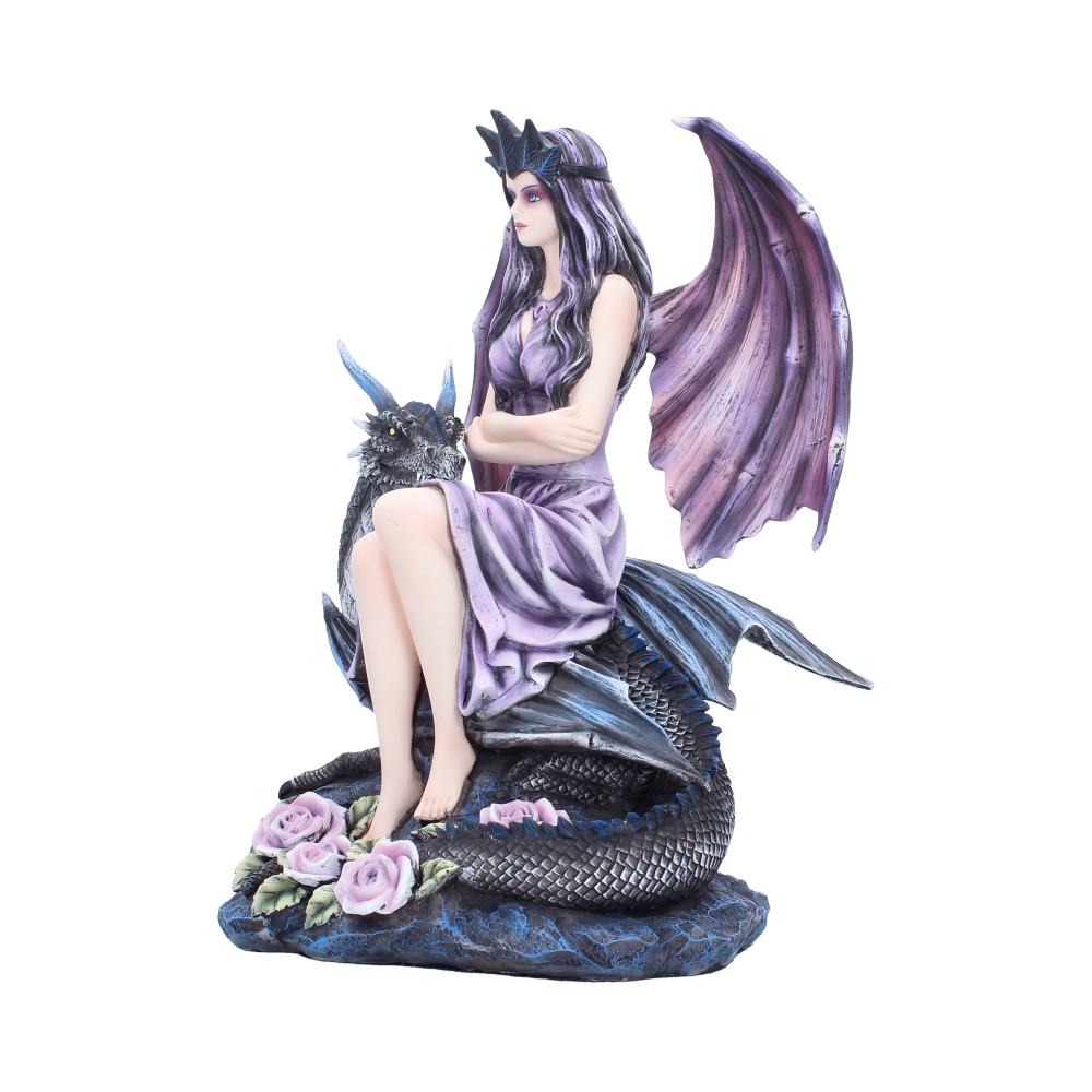 Side view of gothic-style Dragon Rose Enchantress fairy figurine of a woman with purple hair and a dragon 