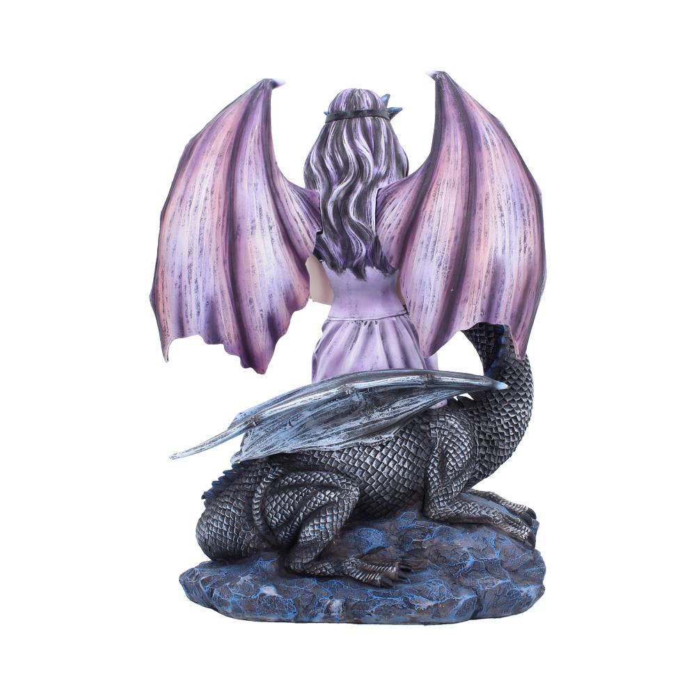 Rear view of the Dragon Rose Enchantress Figurine showing the fairy's detailed wings, blue dragon companion and rose-covered base.