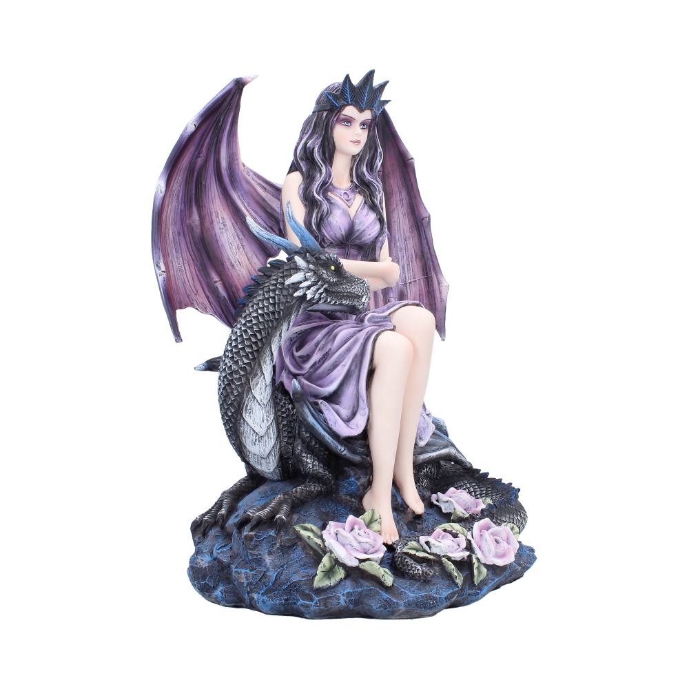 Fairy with purple hair and dragon sitting on a rock with flowers