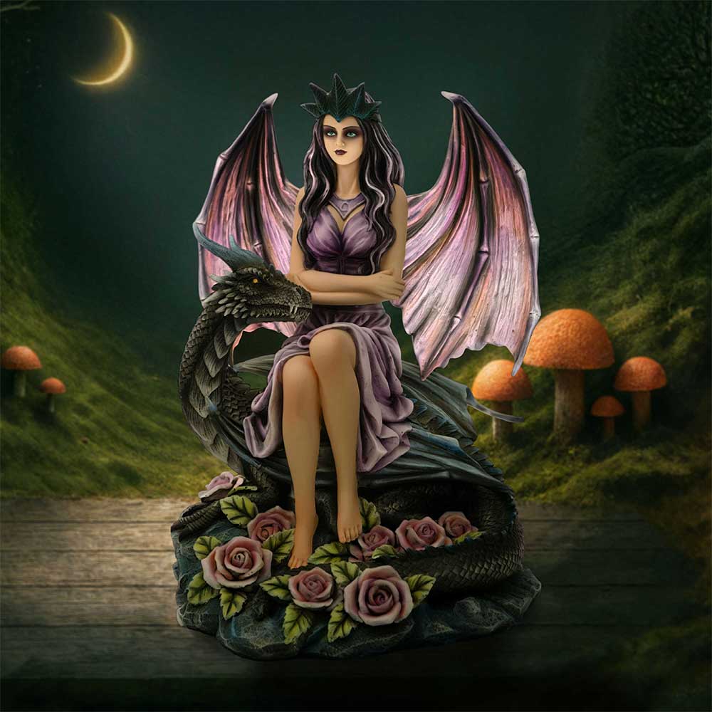 Dragon Rose Enchantress Fairy Figurine with Blue Dragon 27.3cm showcasing the crowned fairy, detailed wings, curled blue dragon and blooming pink roses on display