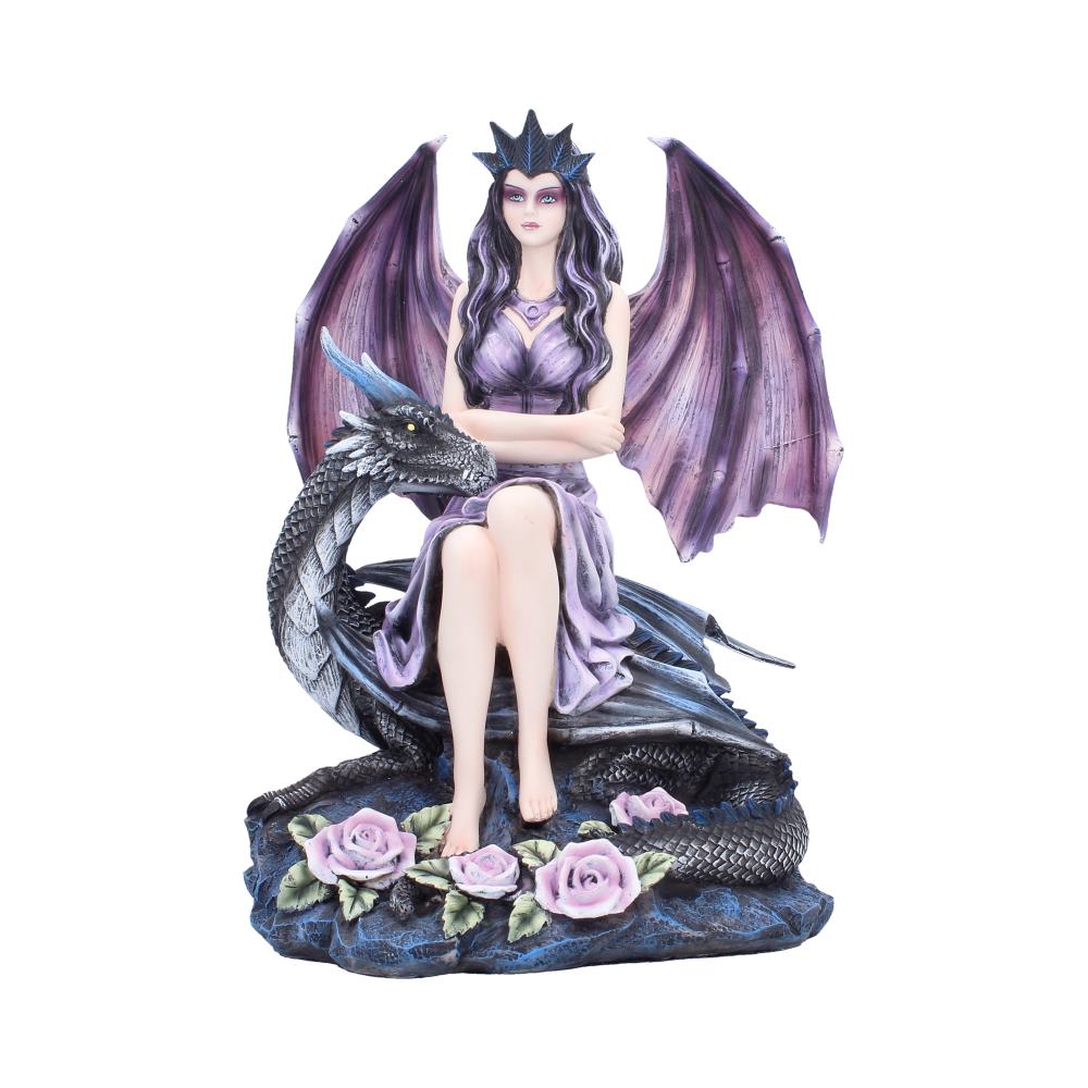 Dragon Rose Enchantress Fairy Figurine with Blue Dragon 27.3cm featuring a crowned purple and pink fairy seated on a curled blue dragon above blooming pink roses.