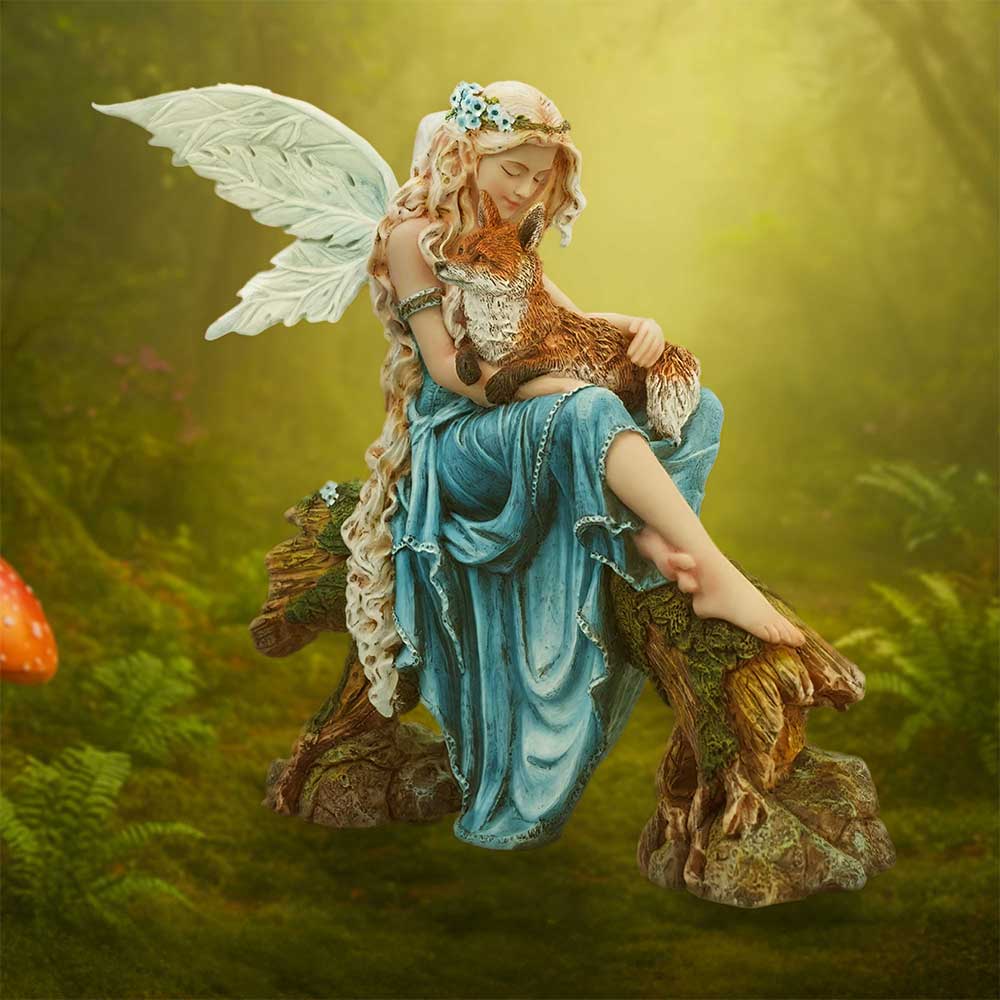 Elariel and Faelan Fairy Figurine with Fox 23.9cm on display