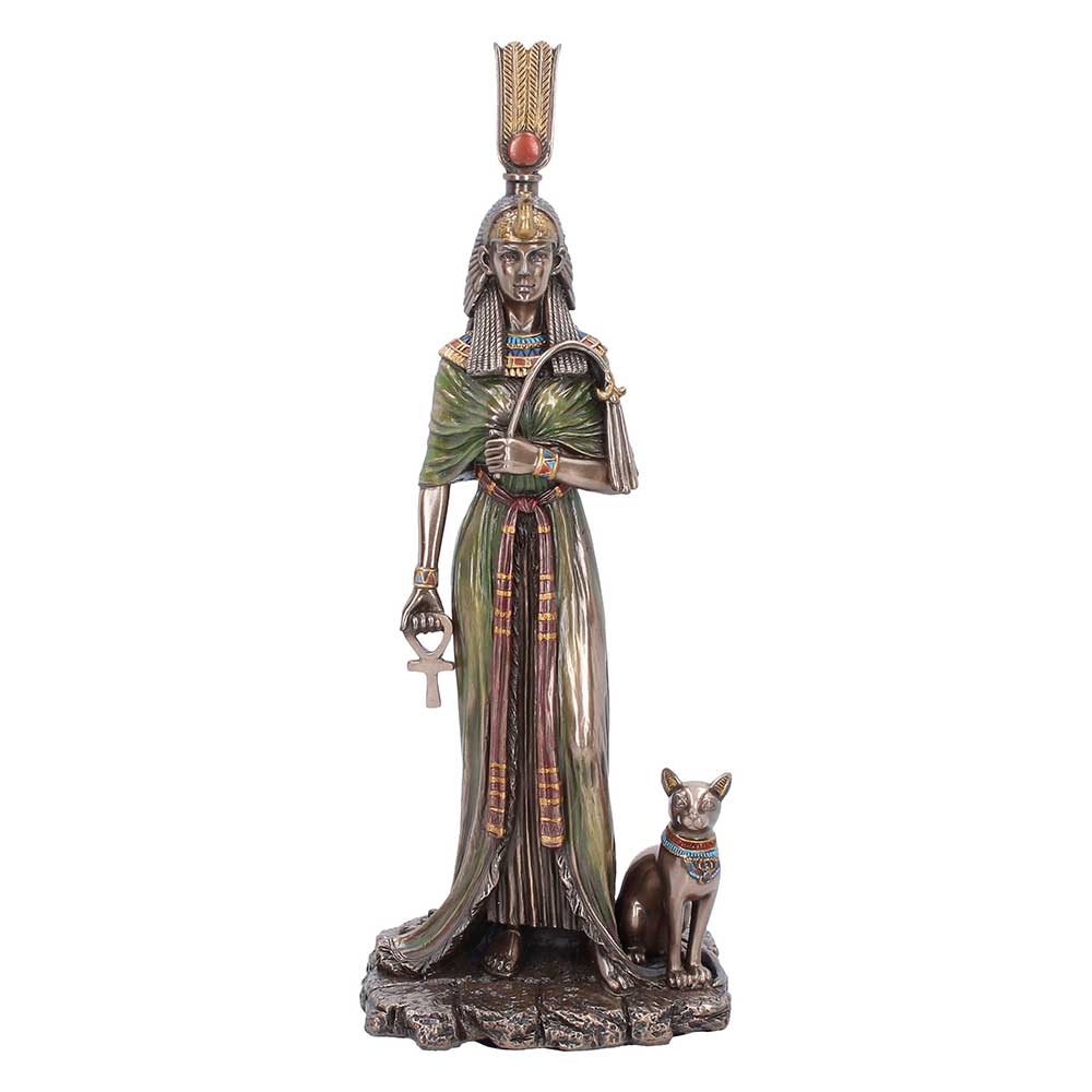 Egyptian Queen Nefertari figurine with dark bronze finish and cat companion
