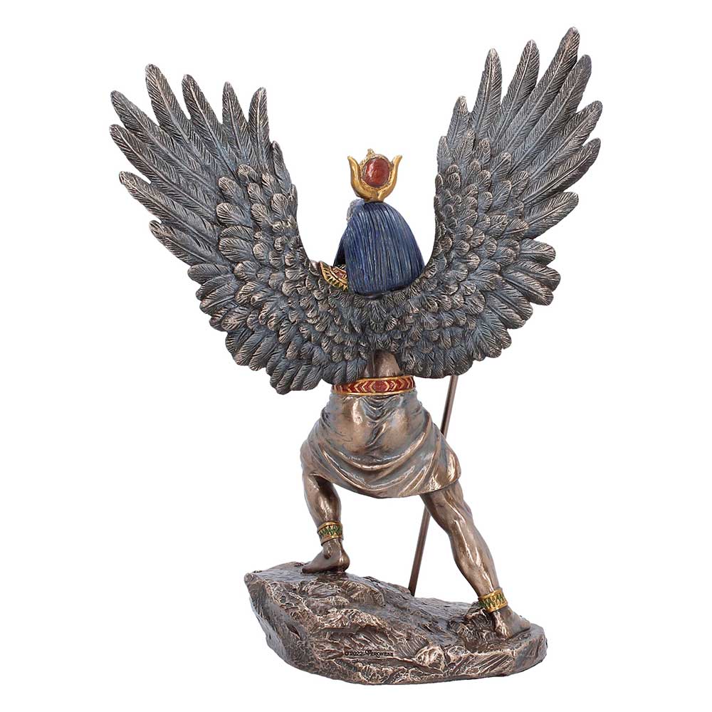 Back View of Ra sun god with spread wings and a crown and armor