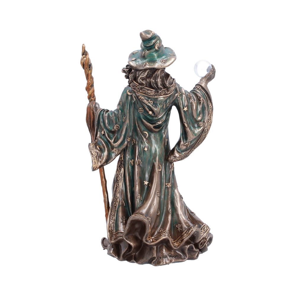 Rear view of The Sorcerer Wizard Figurine showcasing the flowing robes, detailed wizard's hat, ornate staff, bronze-effect finish, and premium hand-painted resin craftsmanship.