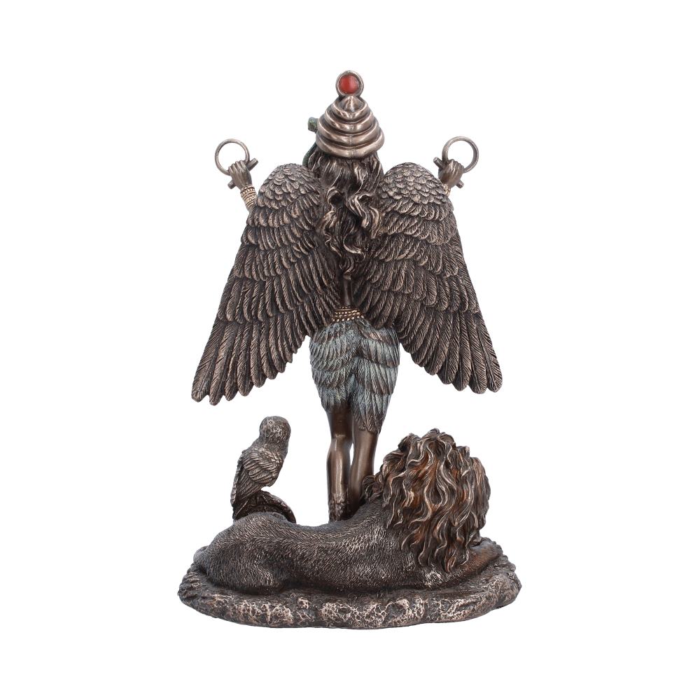 Back view of the Ishtar Figurine showing the detailed wings, bronze-effect finish, sculpted lion and owl, and hand-painted craftsmanship.