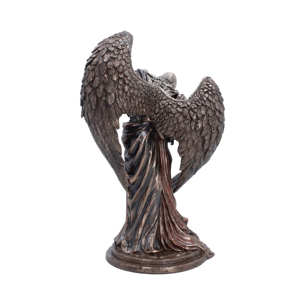 Back view of The Kiss of Death Figurine showing the detailed sculpted wings, flowing robes, bronze-effect finish, and hand-painted resin craftsmanship.