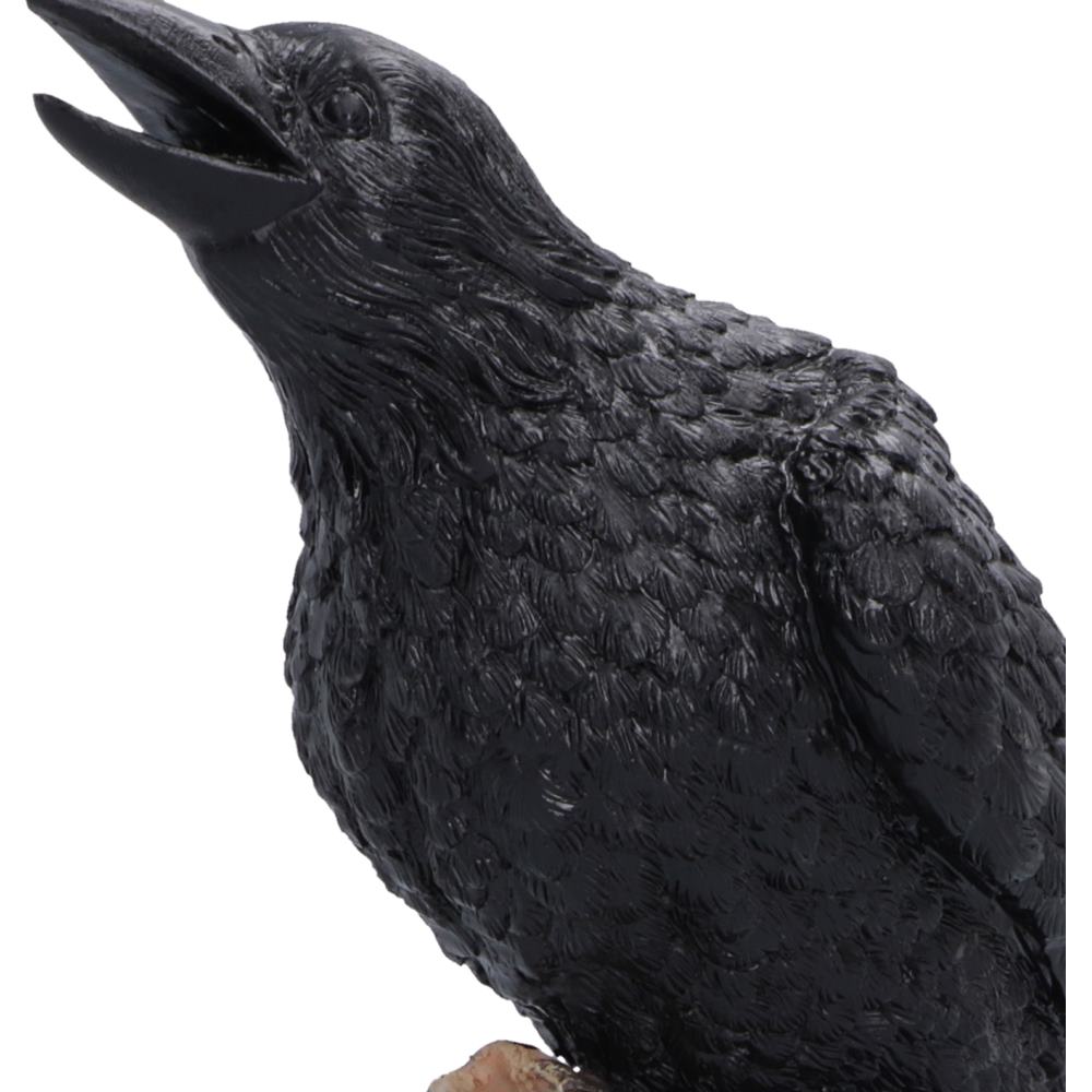 Close-up of detailed black raven captured mid-caw figurine showing raven captured in a cawing pose