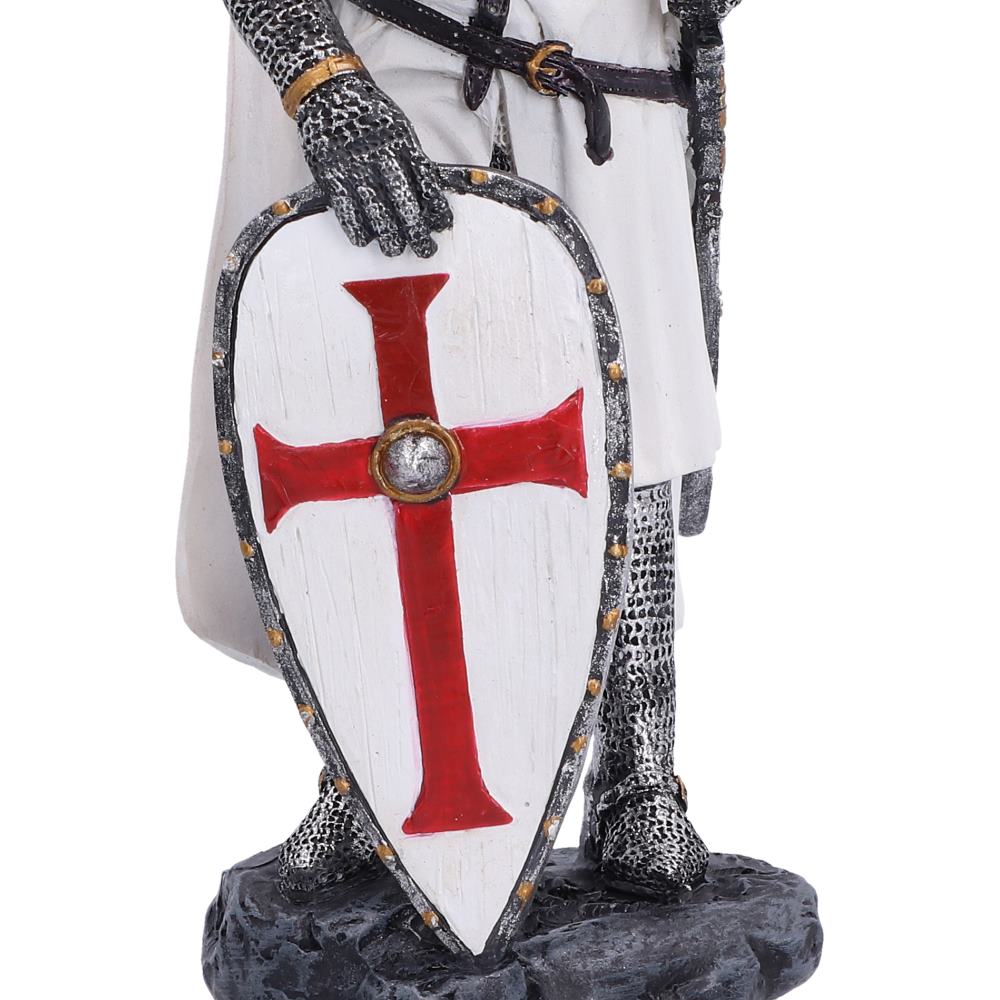 Close-up of the Templar knight’s shield and white and red medieval design