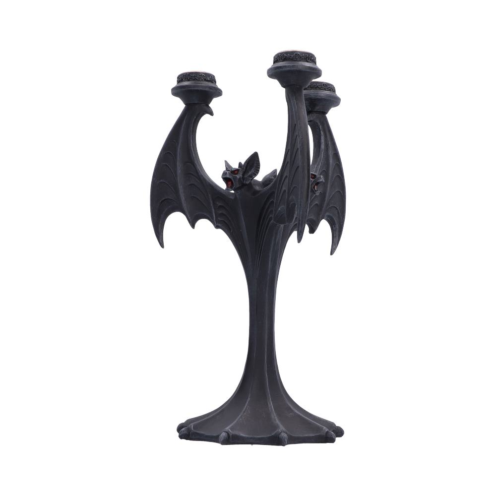 A gothic-style three-arm candelabra shaped like a bat, featuring detailed wings and a small bat figure integrated into the center.