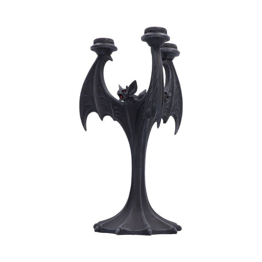 A gothic-style three-arm candelabra shaped like a bat, featuring detailed wings and a small bat figure integrated into the center.