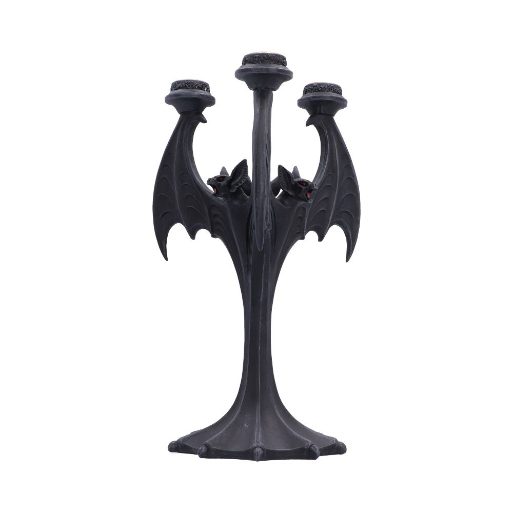 Rear view of Nocturnal Flame 28cm gothic bat candle holder a gothic-style three-arm candelabra with bat wings and a dark metallic finish.