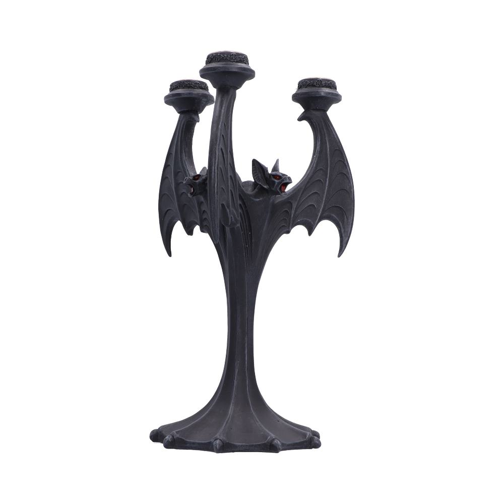 A black gothic-style three-arm candelabra shaped like a bat, featuring detailed wings and a small bat head detail on the front, Smoky grey hand-painted detail on Nocturnal Flame gothic candle holder.