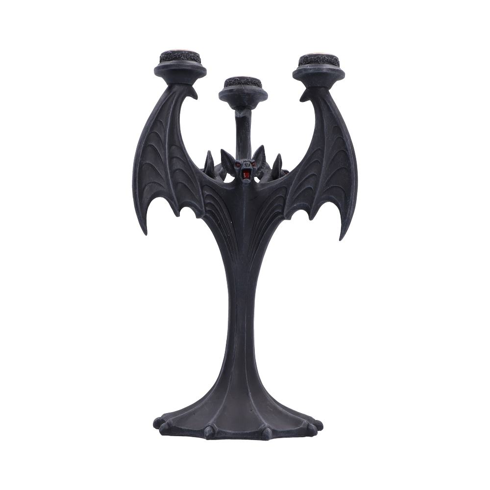 Nocturnal Flame Candle Holder 28cm gothic bat candle holder. A black bat-shaped three-arm candelabra with detailed wing textures and a small red accent near the center.
