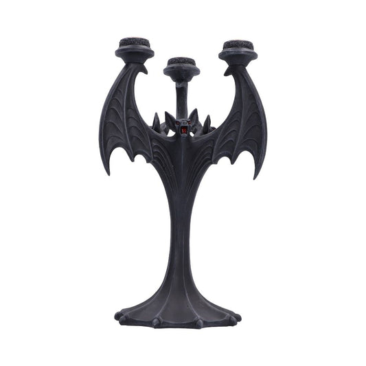 Nocturnal Flame Candle Holder 28cm gothic bat candle holder. A black bat-shaped three-arm candelabra with detailed wing textures and a small red accent near the center.
