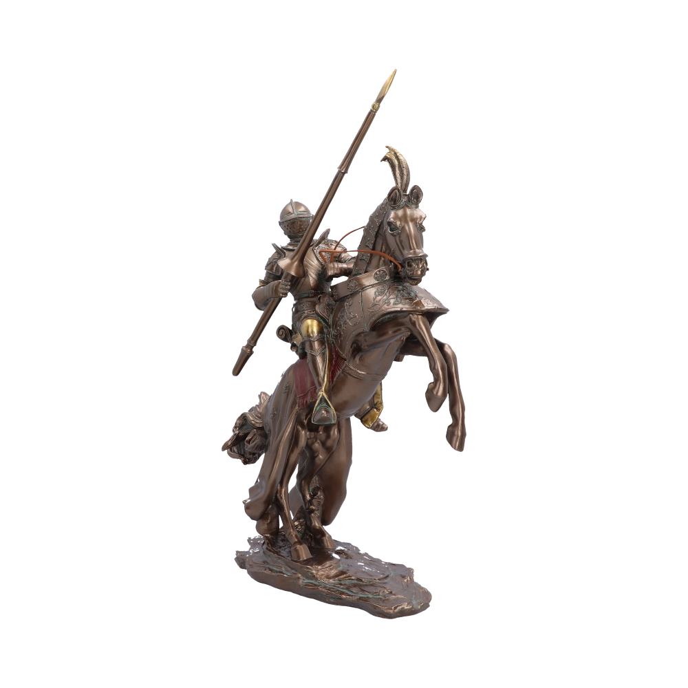A bronze-finished figurine of a knight in armor on a rearing horse, holding a spear.