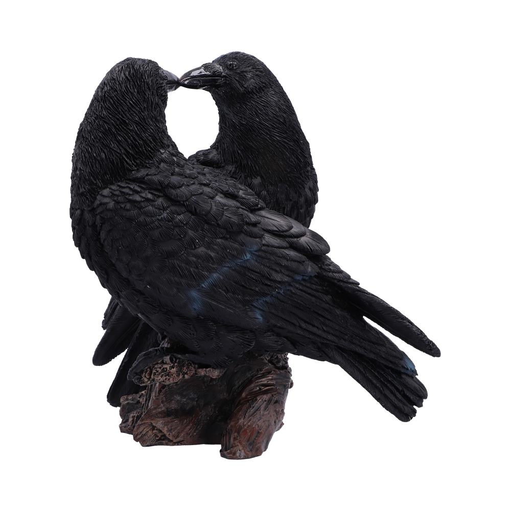 Two ravens sharing a romantic kiss on Midnight Kiss figurine for wildlife and alternative collections