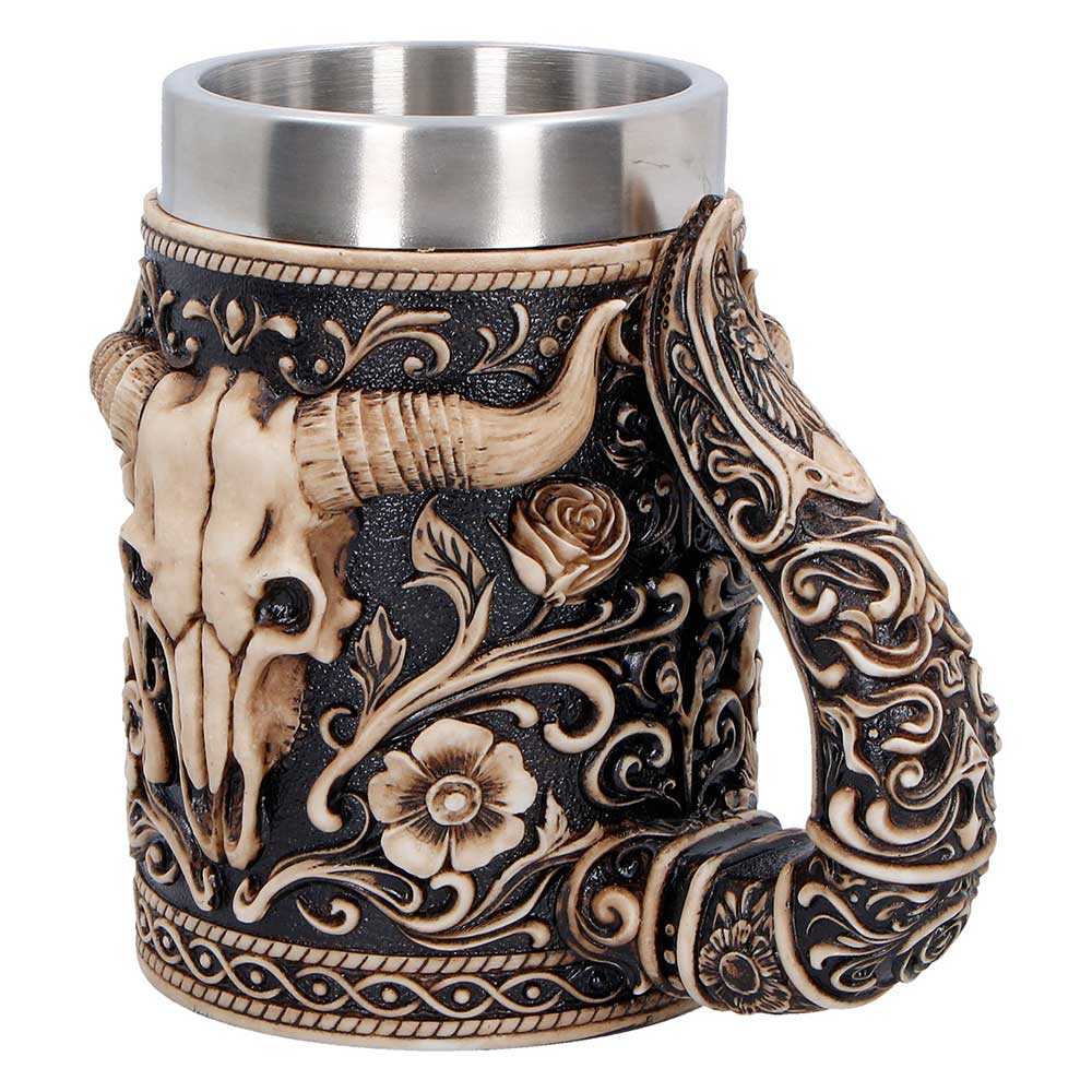 Western-inspired tankard side view showing horn handle