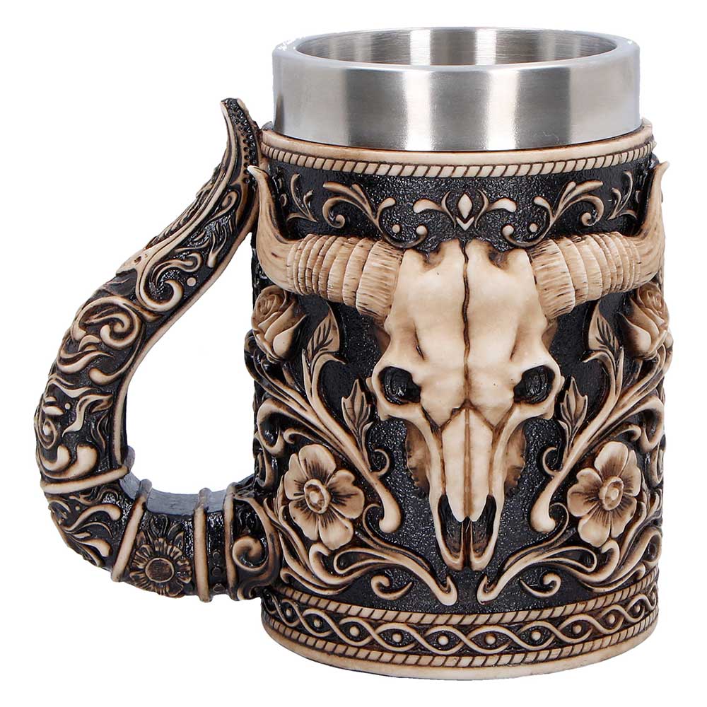 Western bull skull tankard back view with skull detailing