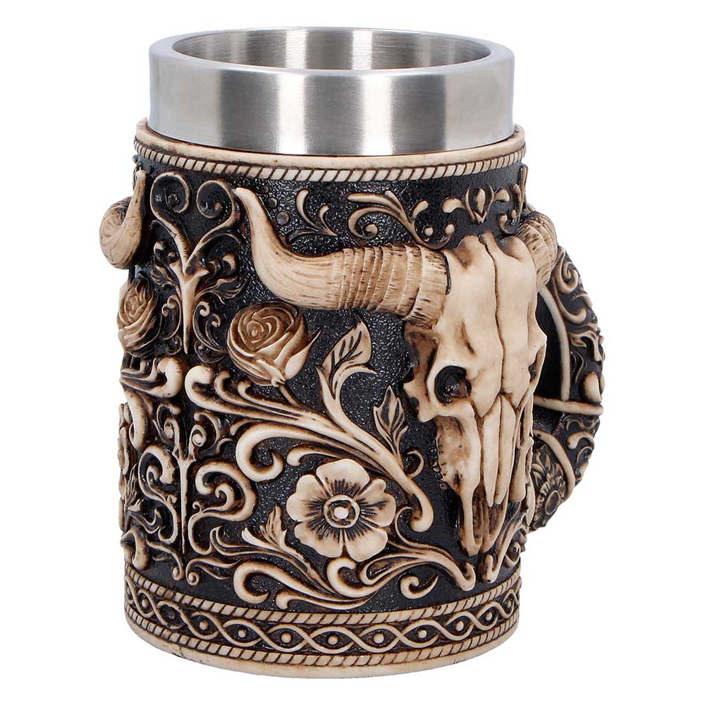 Western bull skull tankard showing front mid design