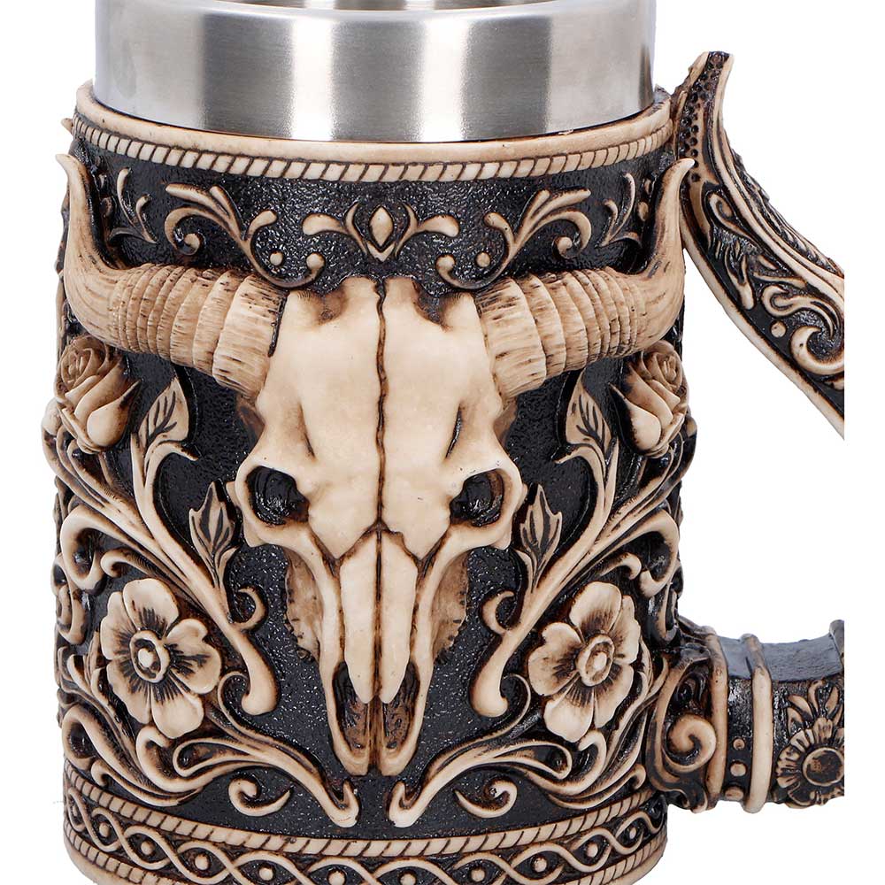Bull skull tankard close-up showing western texture details