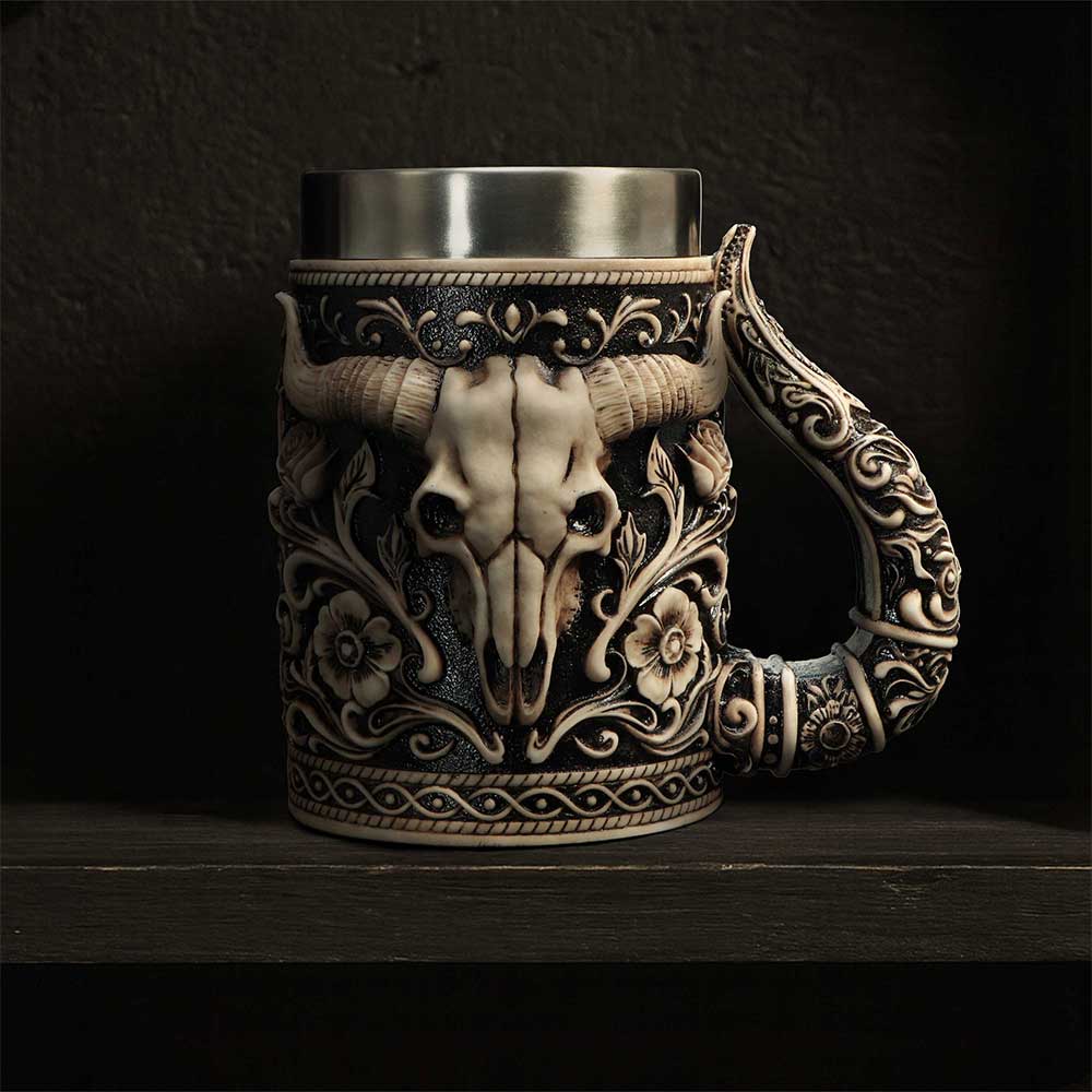 Western bull skull tankard decorative display piece