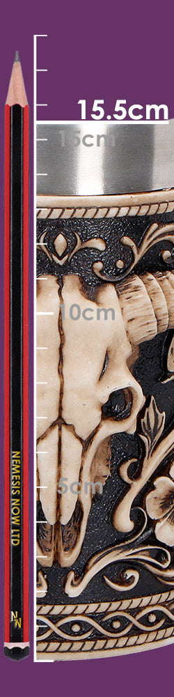 Western bull skull tankard showing size scale