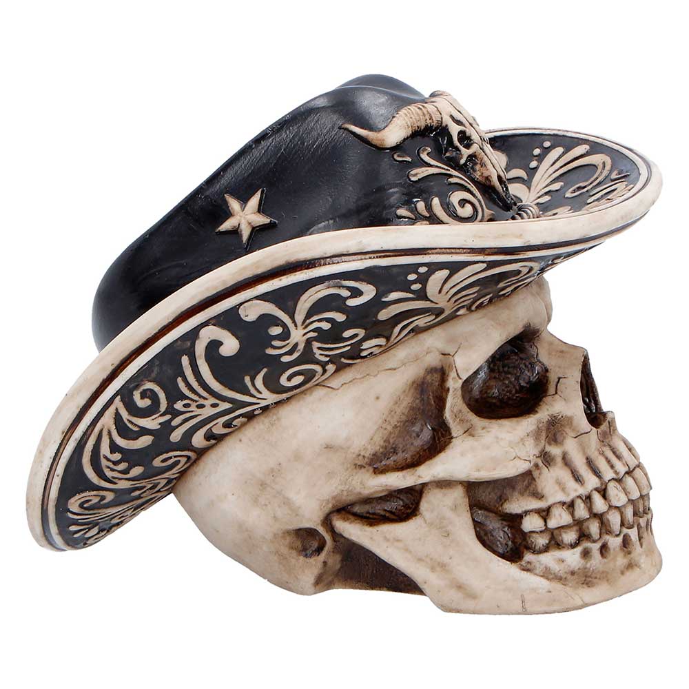 Wild West skull figurine side view showing cowboy hat