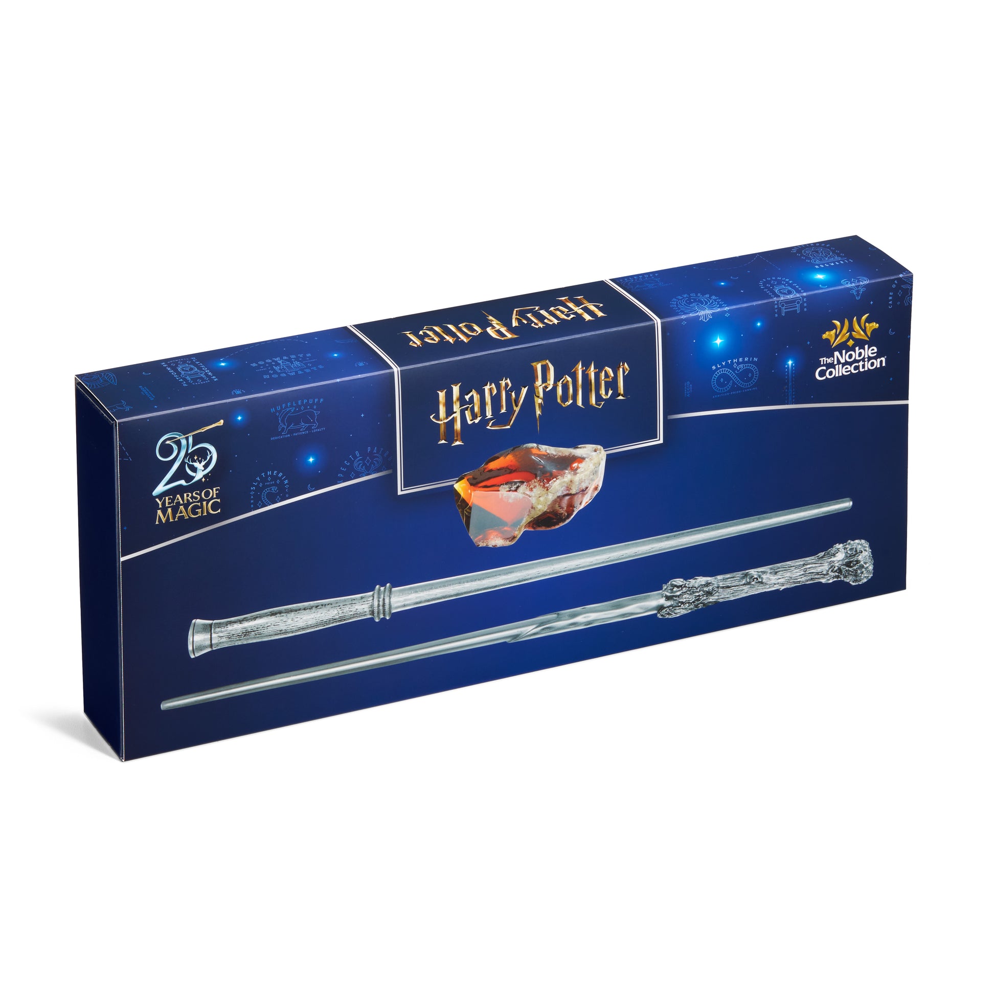 Harry Potter wand in a blue box with 'Noble Collection' branding