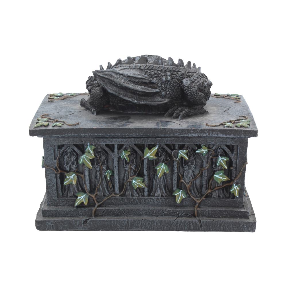 Rear view of the Dragon Tarot Card Box showing the detailed black dragon, carved altar, ivy detailing, hinged storage compartment, and premium hand-painted resin craftsmanship.
