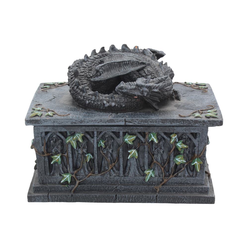 Dragon Tarot Card Box 18cm featuring a sleeping black dragon resting on a gothic altar with carved skeletons in a premium hand-painted resin finish.