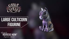 360° view of the Culticorn Large Gothic Unicorn Figurine 24.5cm showcasing its black coat, silver pentagram, skull details and crescent moon embellishments.
