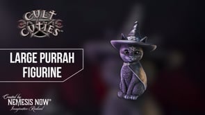360° view of the Purrah Large Witch Cat Figurine 30cm showcasing its pointed witch's hat, smooth cape, occult symbolism and ornate silver detailing.