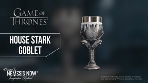 Game of Thrones House Stark Goblet video showing sculpted direwolf handle, Winter Is Coming design, snow-dusted detailing, and hand-painted finish