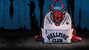 Stranger Things Hellfire Club Backpack video showing logo detailing, storage compartments, adjustable straps, and everyday design