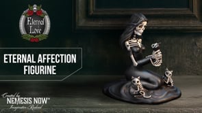 360° view of the Eternal Affection Skeletal Cat Figurine showcasing the kneeling female skeleton, three skeletal cats, intricate gothic sculpting, and premium hand-painted resin finish.